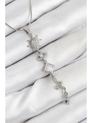 316L Çelik Zirkon Taşlı Güneş Ve Ay Enerji Model Gümüş Renk Kadın Kolye