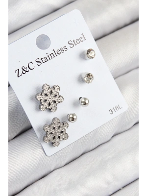 316L Çelik Zirkon Taşlı Kar Tanesi Model Gümüş Renk Kadın Set Küpe