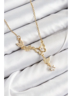316L Çelik Zirkon Taşlı Kelebek Model Gold Renk Kadın Kolye