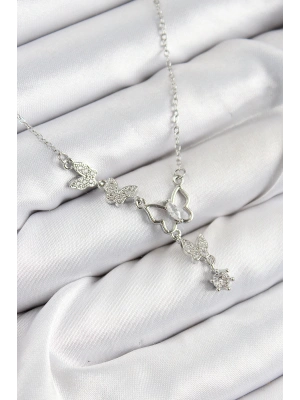 316L Çelik Zirkon Taşlı Kelebek Model Gümüş Renk Kadın Kolye