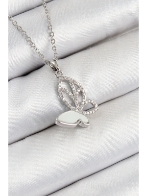 316L Çelik Zirkon Taşlı Kelebek Model Gümüş Renk Kadın Kolye