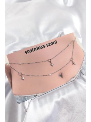 316L Çelik Zirkon Taşlı Kutup Yıldızı Model Gümüş Renk Göbek Bel Zinciri