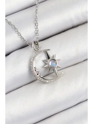 316L Çelik Zirkon Taşlı Kutup Yıldızlı Hilal Model Gümüş Renk Kadın Kolye