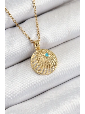 316L Çelik Zirkon Taşlı Madalyon Model Gold Renk Kadın Kolye
