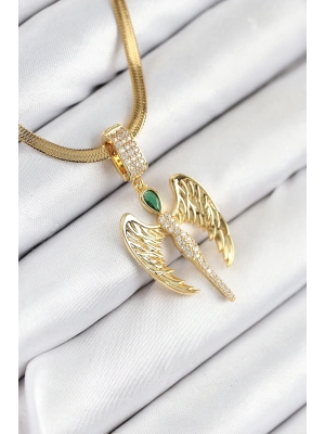 316L Çelik Zirkon Taşlı Melek Model Gold Renk Kadın Kolye