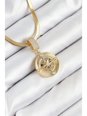 316L Çelik Zirkon Taşlı Pusula Model Gold Renk Kadın Kolye