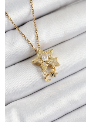 316L Çelik Zirkon Taşlı Sallantılı Yıldız Model Gold Renk Kadın Kolye