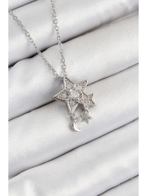 316L Çelik Zirkon Taşlı Sallantılı Yıldız Model Gümüş Renk Kadın Kolye