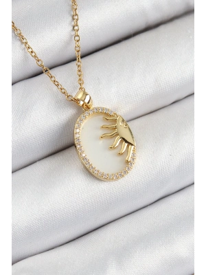 316L Çelik Zirkon Taşlı Yarım Güneş Model Gold Renk Kadın Kolye