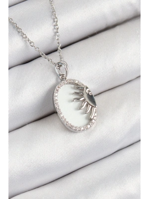 316L Çelik Zirkon Taşlı Yarım Güneş Model Gümüş Renk Kadın Kolye