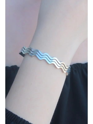 316L Kararmaz Çelik Gümüş Renk Dalga Model Kelepçe Kadın Bileklik