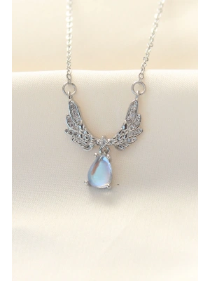 316L Zinciri Çelik Zirkon Taşlı Gümüş Renk Kanatlı Damla Kolye