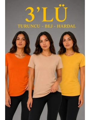 3’lü Kısa Kollu Bisiklet Yaka Basic Slim Fit T-Shirt - Turuncu - Bej - Hardal