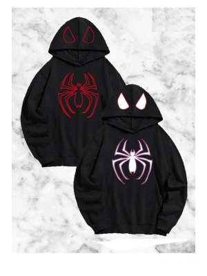 Örümcek Baskılı Sevgili Çift Kombini Kapüşonlu Sweatshirt - Hodie - Siyah
