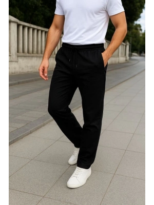 Erkek Keten Pantolon – Cepli, Beli Lastikli Ve Bağcıklı, Nefes Alan Rahat Kalıp, Yazlık Ve Baharlık Günlük Giyim, Şık - Konforlu Boru Paça Model - Siyah