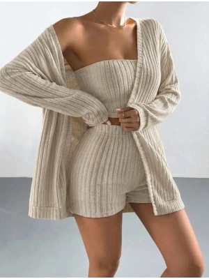 Kadın Uzun Kollu önü Açık şardonlu Kaşkorse Ceket Büstiyer Ve Short üçlü
