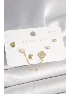 925 Ayar Gümüş Çivi Pirinç Gold Renk Zirkon Taşlı Yonca Model Sallantı Zincir Detay Kadın Küpe Seti