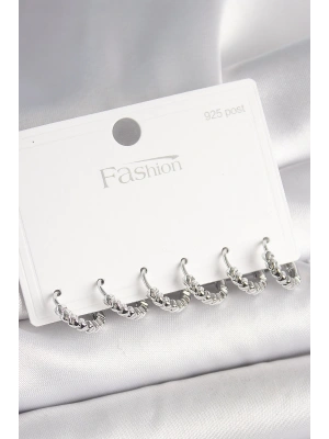 925 Ayar Gümüş Çivi Pirinç Gümüş Renk Kalp İşlemeli Halka Model Kadın Küpe Seti