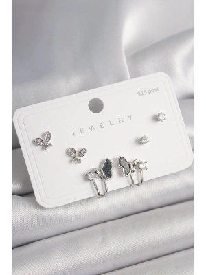 925 Ayar Gümüş Çivi Pirinç Gümüş Renk Zirkon Taşlı Kelebek Model Kadın Küpe Seti