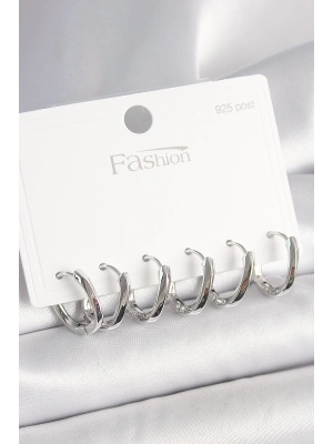 925 Ayar Gümüş Çivi Pirinç Oval Halka Model Kadın Küpe Seti