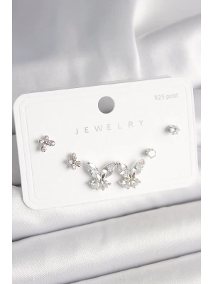 925 Ayar Gümüş Çivi Pirinç Zirkon Taşlı Kelebek Model Kadın Küpe Seti