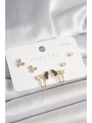 925 Ayar Gümüş Çivi Pirinç Zirkon Taşlı Kelebek Model Kadın Küpe Seti