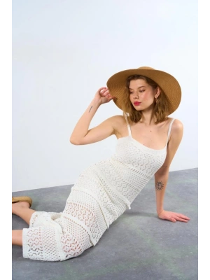 Ajurlu Astarlı Elbise - Ekru