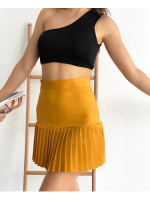 Altı pliseli mini etek hardal s24705