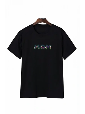 Anneler Günü Mom Çiçek Temalı Baskılı Oversize Bisiklet Yaka T-shirt - Siyah