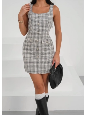 Askılı ch kumaş düğmeli elbise gribeyaz h265007