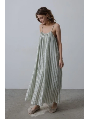 Askılı Çizgi Desen Elbise - Haki