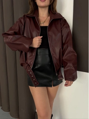 Astarlı kemerli pb deri ceket bordo onst