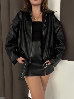 Astarlı kemerli pb deri ceket siyah onst