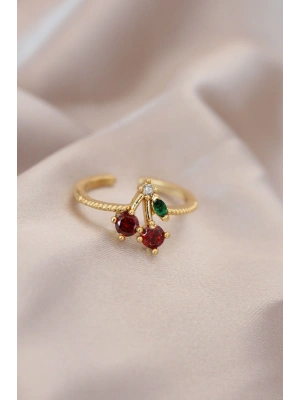 Ayarlamalı Gold Renk Metal Renkli Zirkon Taşlı Kiraz Yüzük