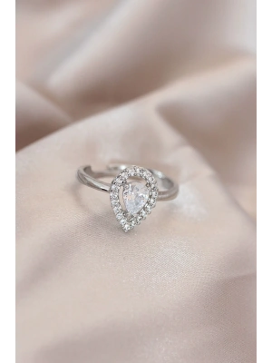 Ayarlamalı Silver Renk Metal Zirkon ve Kristal Taşlı Damla Model Yüzük