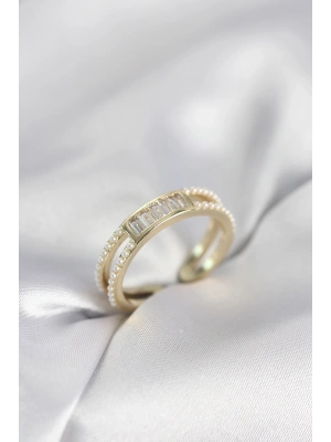 Baget Zirkon Taşlı Gold Renk İncili Kadın Yüzük