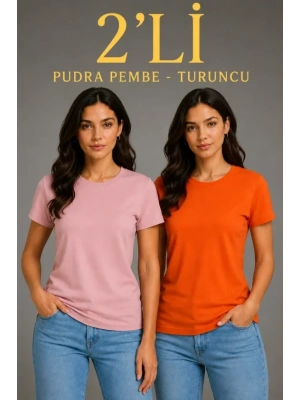 Basic Bisiklet Yaka Yazlık Slim Fit T-Shirt - Pudra Pembe - Turuncu