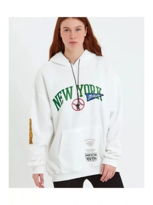 Baskılı Kapüşonlu Sweatshirt - Beyaz