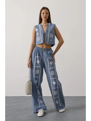 Baskılı Önü Bağlamalı Yelekli Takım - İndigo