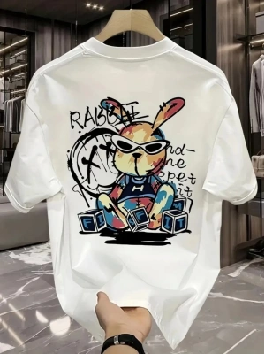 Baskılı Oversize Bisiklet Yaka T-shirt - Beyaz