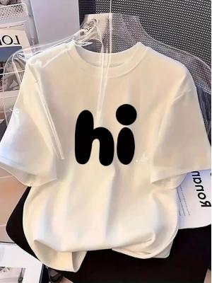 Baskılı Oversize Bisiklet Yaka T-shirt - Beyaz