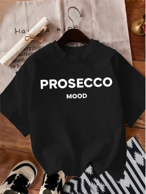 Baskılı Oversize Bisiklet Yaka T-shirt - Siyah