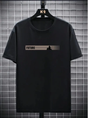 Baskılı Oversize Bisiklet Yaka T-shirt - Siyah