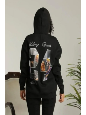 Baskılı Oversize Üç İplik Kapüşonlu Sweatshirt - Siyah