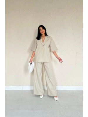 Bej Önü Tek Düğmeli Ceket Pantolon Takım