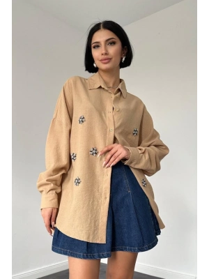 Bej Taş İşlemeli Gömlek