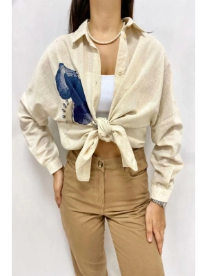 Bej Taş İşlemeli Keten Gömlek