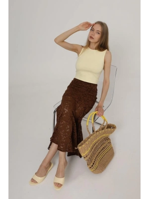Bel Lastikli Dantel Etek - Kahve
