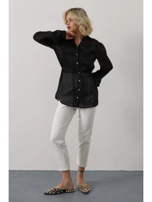 Belden Bağlamalı Uzun Kol Gömlek - Siyah
