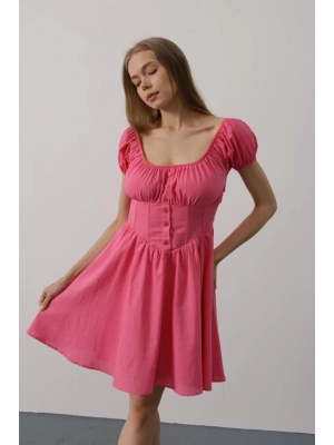Beli Korseli Mini Elbise - Fuşya